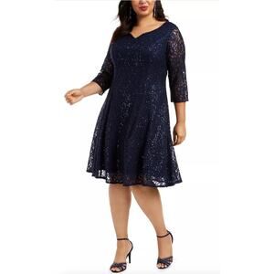 SLNY Cocktail Midi Dress Plus Size 14W Women’s Sequined Lace Long Sleeves NWT